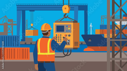 Shipyard Worker Operating Overhead Crane Control Panel