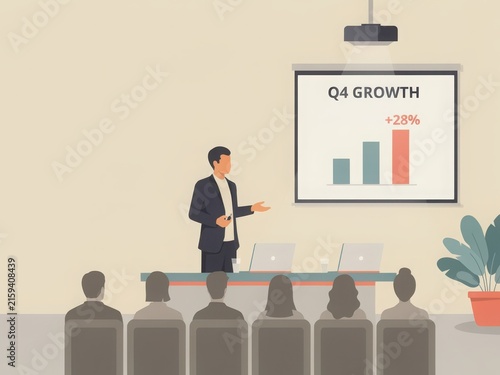 Businessman presenting Q4 growth bar chart to audience in meeting