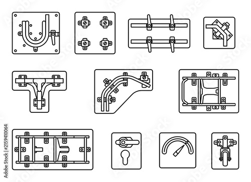 Wheelchair frame bending jig icons, industrial mechanical components grid