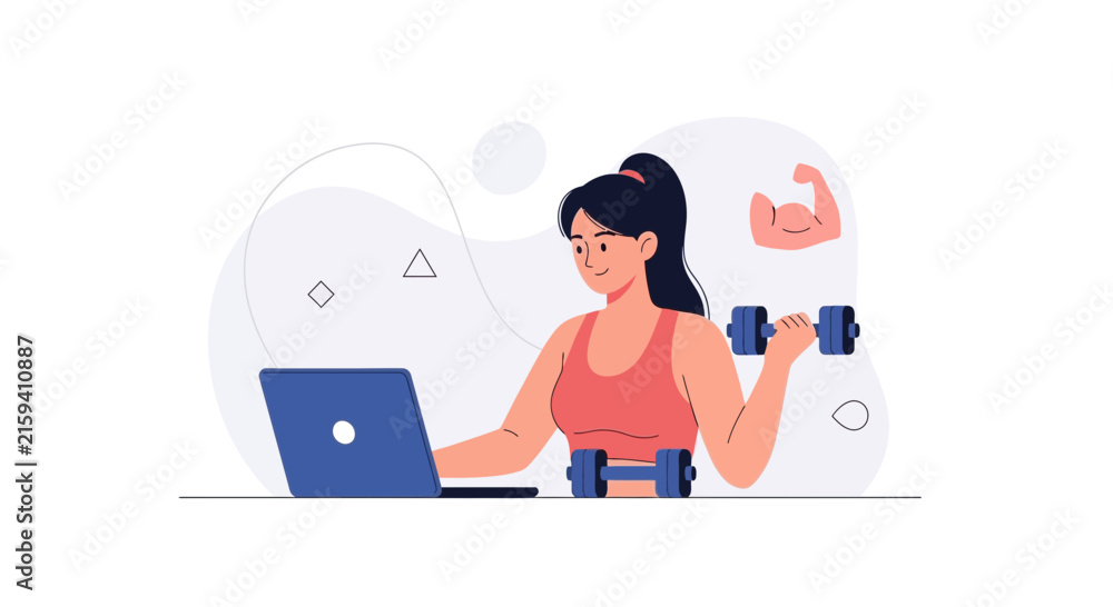 Obraz premium Woman exercising with dumbbells while watching online fitness class on laptop, conceptual illustration of home workout and healthy lifestyle
