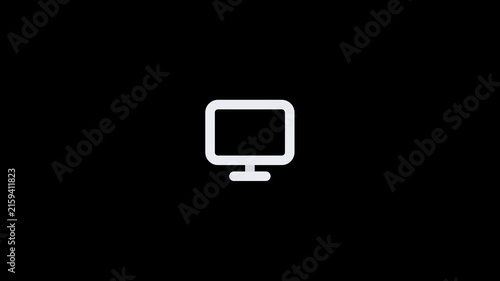 Minimalist white computer monitor icon isolated on a solid black background.