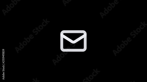 Minimalist white email envelope icon isolated on a solid black background.