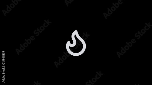 Minimalist white fire flame icon isolated on a solid black background.