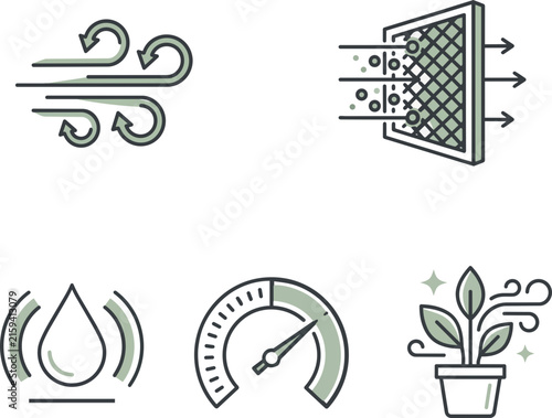 Hand-drawn eco-friendly ventilation and air purification icons for healthy indoor environments