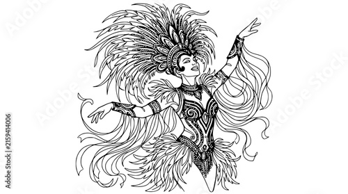Elegant Cabaret Dancer with Feathered Costume and Headdress, Isolated
