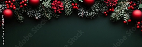 Decorative Christmas border made of fir branches with holly berry and bauble on dark background. Holiday greeting card template with empty space for text. Festive seasonal wallpaper.