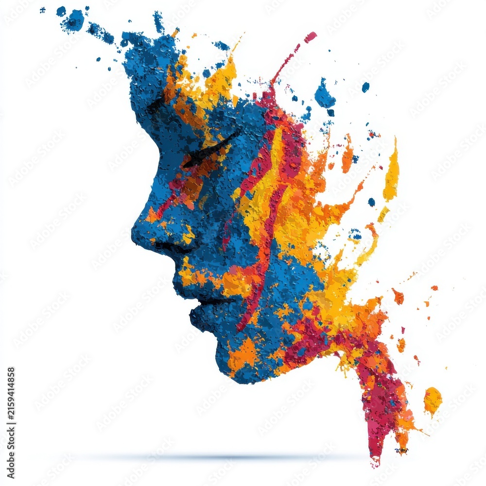 Fototapeta premium Abstract Watercolor Woman Face Profile, Colorful Paint Splatter Portrait Isolated on White Background