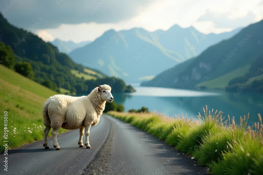 Obraz premium A lone sheep stands peacefully on a scenic roadway, overlooking a tranquil lake nestled amidst majestic mountains, bathed in the soft glow of sunlight.