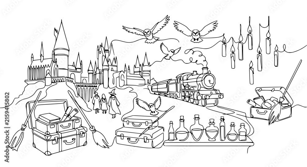 Fototapeta premium Magical School Scene: Castle, Train, Owls, Potions, Brooms, Suitcases - Line Art