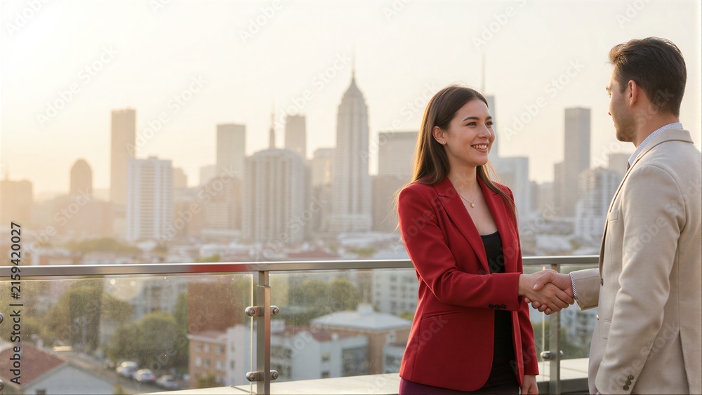 Fototapeta premium Business professionals shake hands on a rooftop with a city skyline in the background.