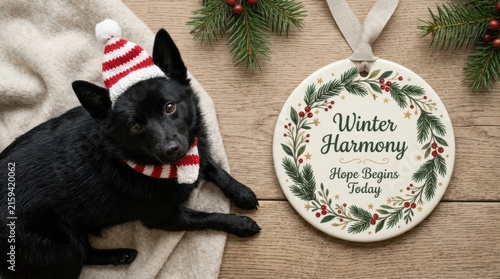 Small black dog in Santa hat and scarf rests on blanket near ceramic ornament with winter message on wood. Perfect image for greeting cards and holiday social media posts focused on warm winter themes