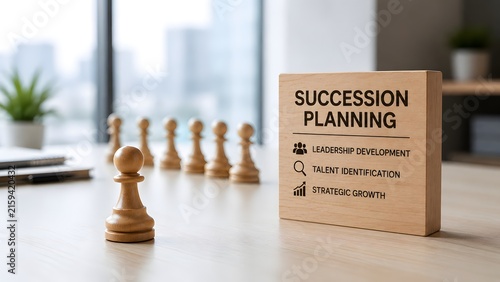 Wooden chess pawns and succession planning block on an office table. Concept of corporate leadership development and executive talent identification.