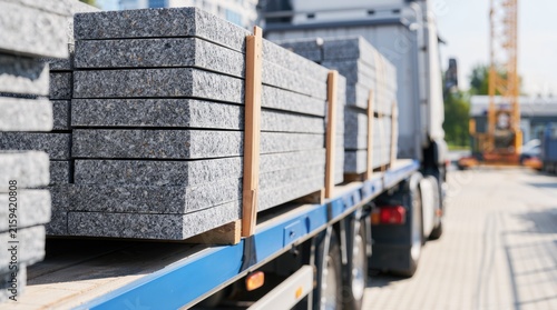 Construction logistics. Flatbed truck transports stacked concrete slabs to a building site for structural construction and installation work.