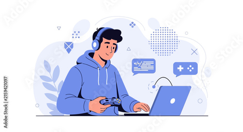 Young person in headphones playing video games on laptop with controller, coding and gaming icons, modern flat illustration style