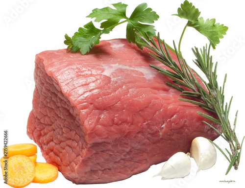 Fresh raw beef steak on white plate with rosemary sprigs and lemon wedge