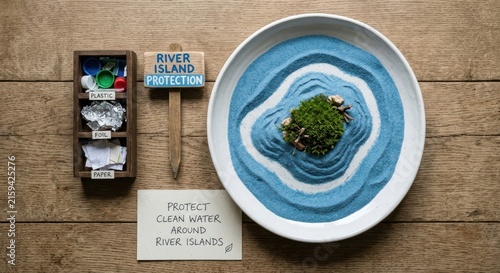 Detailed miniature island ecosystem using green moss and blue sand ripples inside white ceramic bowl on a wooden surface with waste sorting boxes, representing environmental conservation and earthly