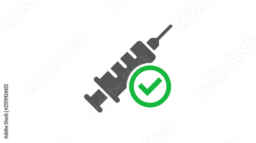 Syringe icon featuring a green checkmark symbol representing medical vaccination safety and healthcare compliance in this clean minimalist flat vector graphic illustration for clinical design projects