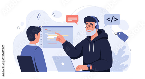 Two programmers collaborating on code, mentorship and teamwork in software development, flat design illustration