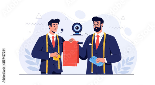 Two tailors in suits with measuring tapes and fabric, symbolizing custom tailoring and fashion design.