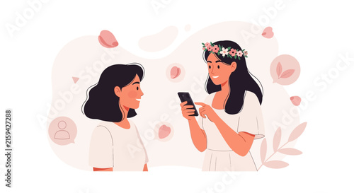 Two women, one with a flower crown, interact with a smartphone, surrounded by abstract shapes and nature elements.
