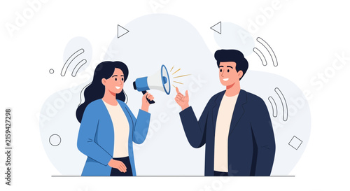 Vector Illustration of a Woman using a Megaphone and a Man Pointing, Representing Communication, Announcement, and Ideas