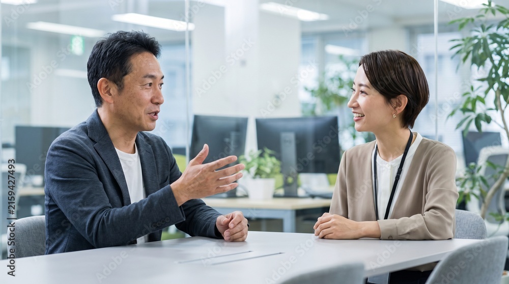 Obraz premium Japanese man and woman in business attire discussing at a modern office table