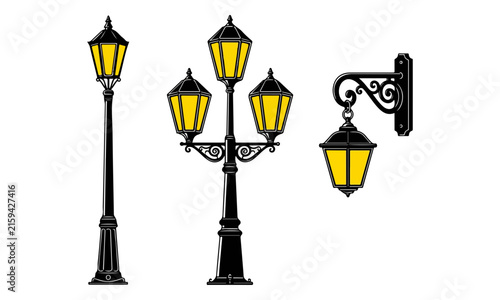 Vintage Outdoor Street Lamp and Wall Lantern Illustration Set