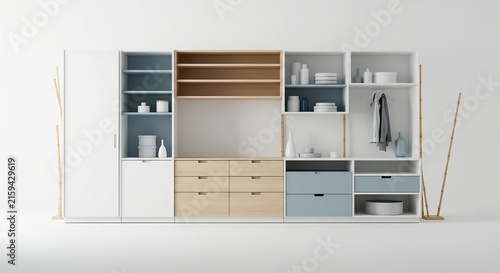 Modular Storage Solution: A modern, modular storage system featuring a combination of cabinets, shelves, and drawers in white, light wood, and soft blue hues.