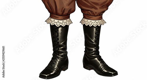 Antique Boots with Lace: A pair of shiny black antique leather boots with intricate lace detailing at the cuffs, paired with brown breeches, evokes a sense of historical fashion.
