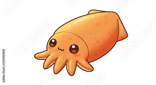Cute Cartoon Squid Illustration: A charming cartoon illustration of a friendly orange squid with large, expressive eyes and a sweet smile, ready to bring a splash of underwater delight.