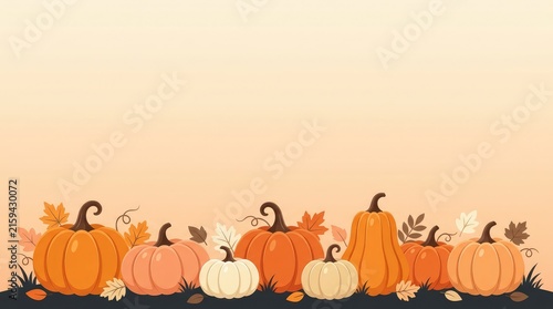 A beautiful festive autumn display featuring a colorful assortment of pumpkins and gourds on a gentle peach backdrop