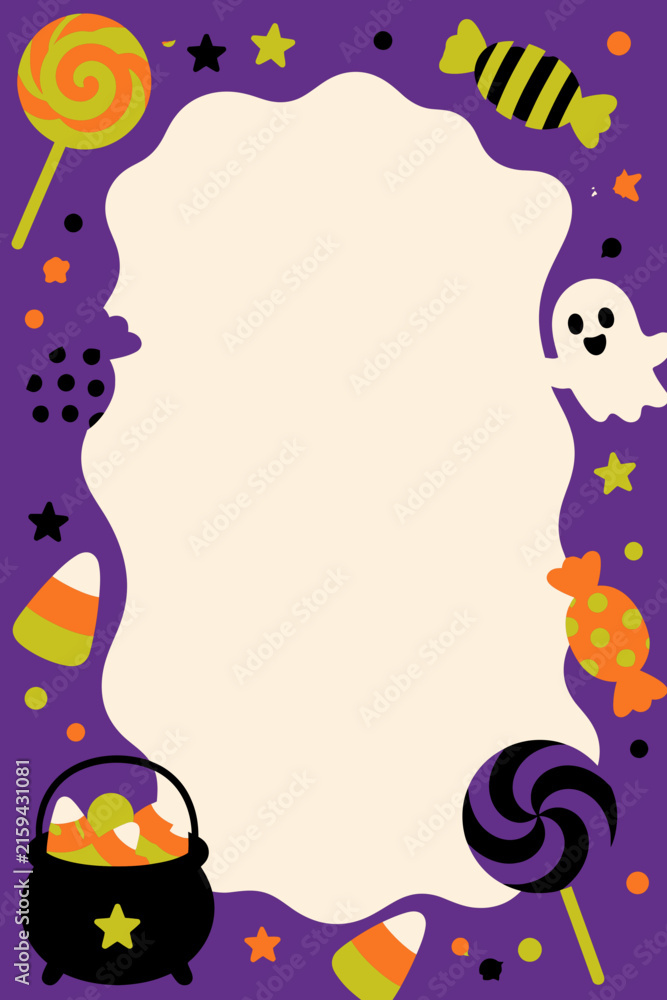 Fototapeta premium Playful halloween frame with cute ghost, candy corn, lollipops, and cauldron on purple. Perfect for kids' party invitations, social media posts, trick-or-treat events, and spooky season promotions.