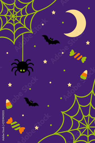Vibrant Halloween vector pattern with a cute spider, flying bats, crescent moon, sparkling stars, and colorful candies on a spooky purple background. Perfect for festive October designs, kids'