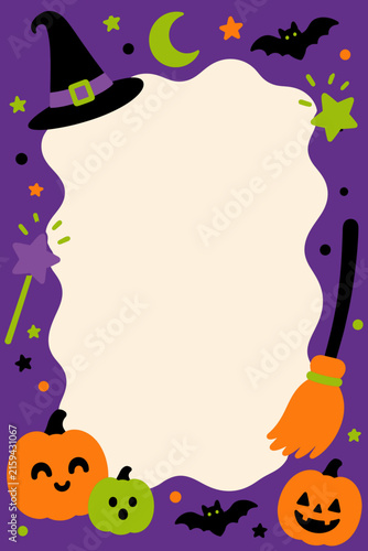 Festive Halloween vector frame with cute witch hat, broom, smiling pumpkins, bats, and stars on purple background. Perfect blank space for spooky party invitations, cards, promotions, social media