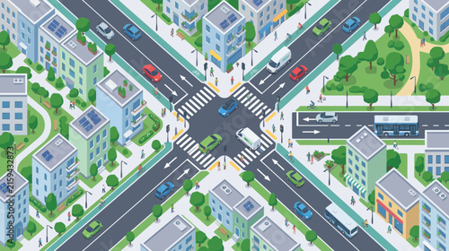 Isometric City Crossroads with Green Transportation and Modern Buildings