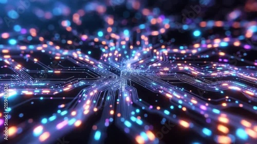 Animation futuristic data stream visualization with interconnected nodes and glowing lines on a dark gradient background.
