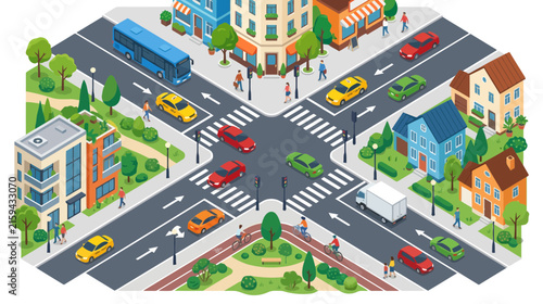 Isometric City Intersection: Traffic Flow, Pedestrians, and Buildings