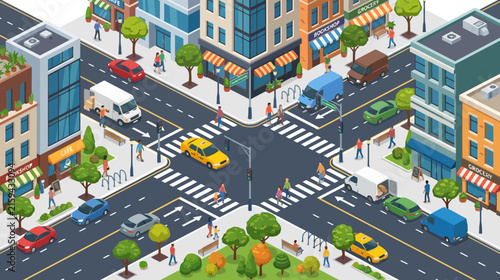 Isometric City Intersection: Busy Urban Street with Cars, Pedestrians, and Buildings