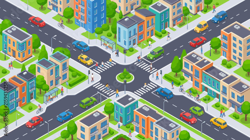Isometric City Intersection with Buildings, Cars, and Pedestrians