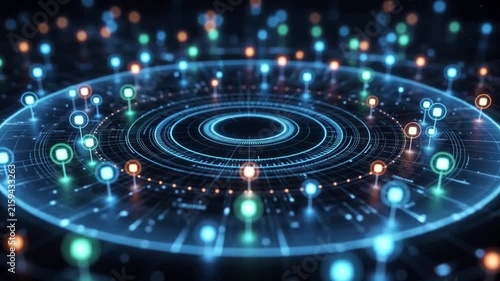 Animation futuristic sci-fi digital of a navigation interface with orbiting markers in a dark background.