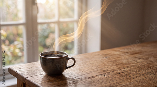 湯気と光でコーヒーの香りを表現した温かな朝のイメージ