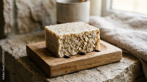 Natural handmade soap bar with oatmeal flakes on a wooden soap dish, skin care