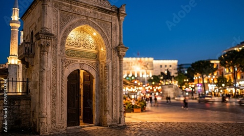 Historic ottoman fountain and ancient architecture illuminated at twilight