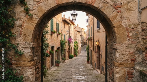 Charming medieval alleyway framed by an ancient stone archway in italy