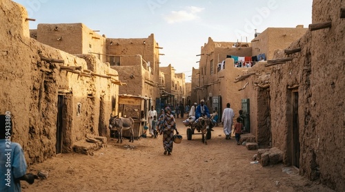 Traditional mud brick architecture street scene in ancient desert town