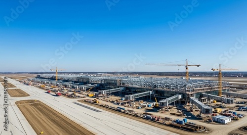 Sprawling airport construction site with steel frameworks and cranes, showcasing major infrastructure development under a clear blue sky.