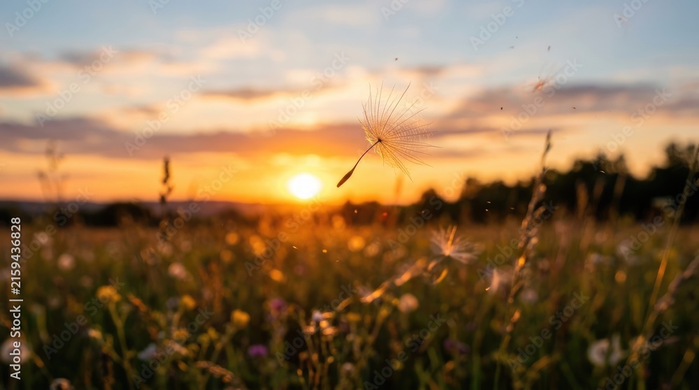 Fototapeta premium A dandelion seed head floats gracefully through a field of wildflowers at sunset. The golden sun sets over a distant horizon, casting a warm glow on the landscape.