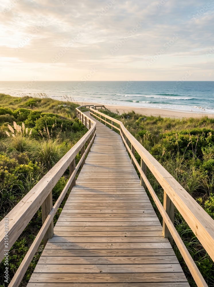 Fototapeta premium Wooden boardwalk leading to a sandy beach and ocean under a bright sky.