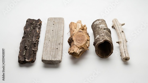 Collection of different types of wood pieces isolated on white background