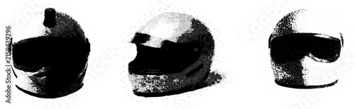 Set of three motorcycle racing helmets in black and white halftone vector illustration on white background